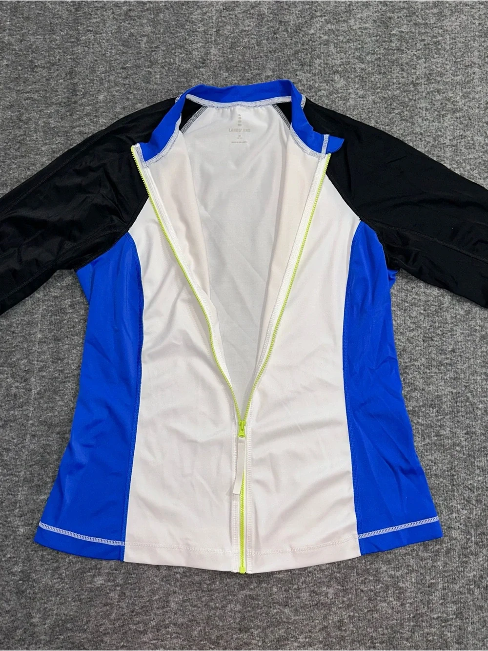 Lands' End Kids Medium 10-12 White Blue Rash Guard Swim Shirt UPF Zip Front